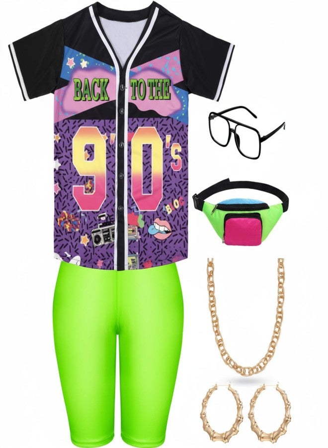 Foaincore 7 Pcs 80s 90s Outfit for Women Hip Hop Costume Kit Costume Rapper Accessories Baseball Jersey Fanny Pack Yoga Pants (Black,X-Large) - Image 1